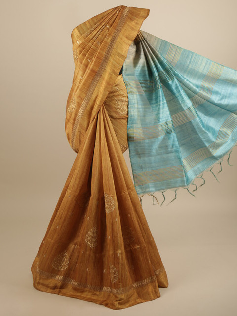 

Pothys Mustard & Turquoise Blue Ethnic Motifs Embroidered Art Silk Saree