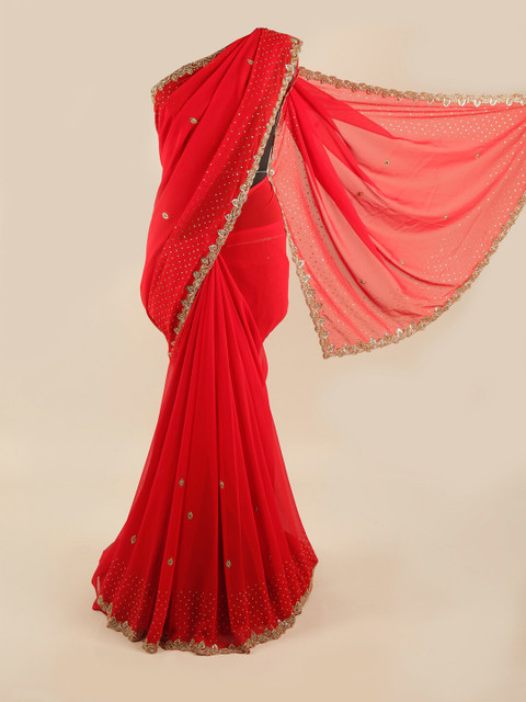 

Pothys Red & Gold-Coloured Embellished Beads and Stones Saree