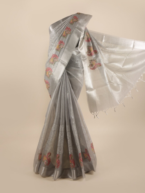 

Pothys Grey & White Floral Embroidered Beads and Stones Saree