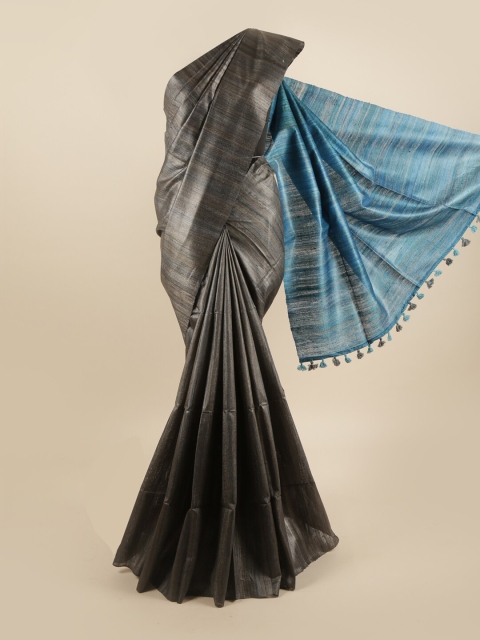 

Pothys Grey & Blue Striped Pure Silk Tussar Saree