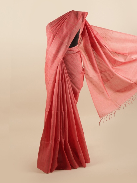 

Pothys Pink & Gold-Coloured Striped Embroidered Pure Silk Tussar Saree