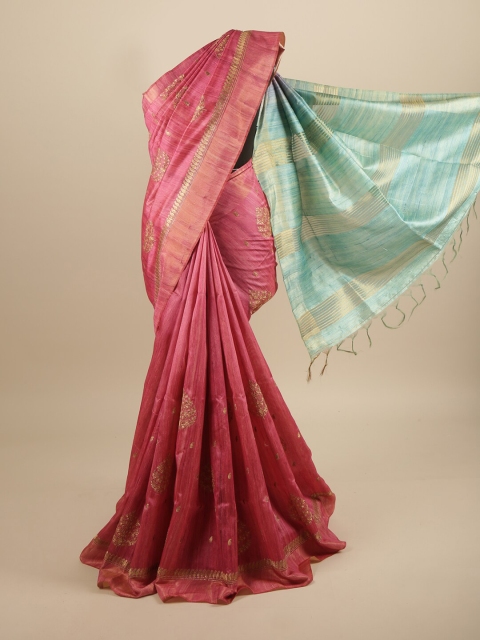 

Pothys Pink & Turquoise Blue Ethnic Motifs Embroidered Art Silk Saree