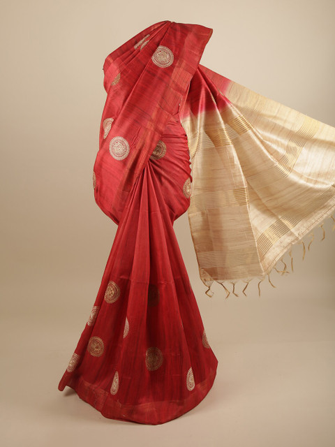 

Pothys Red & Gold-Coloured Ethnic Motifs Embroidered Art Silk Saree