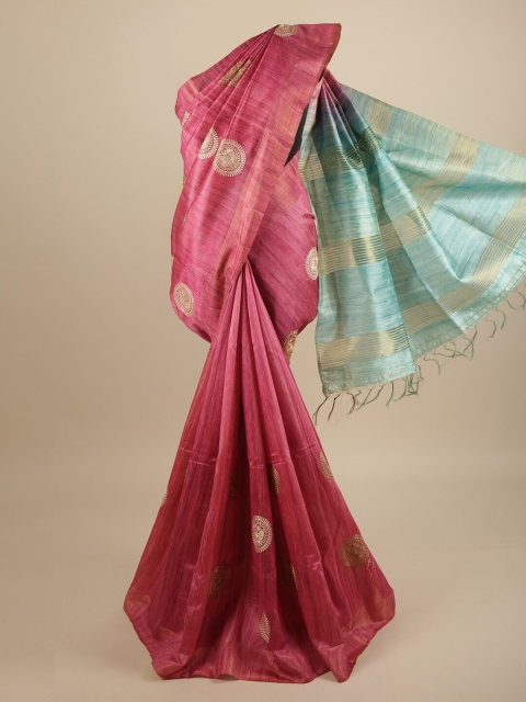 

Pothys Pink & Turquoise Blue Ethnic Motifs Embroidered Art Silk Saree