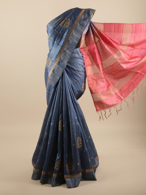 

Pothys Navy Blue & Pink Ethnic Motifs Embroidered Art Silk Saree