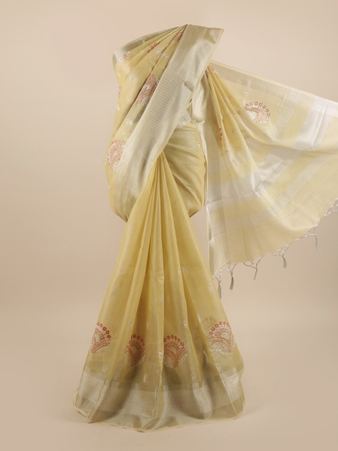 

Pothys Yellow & Silver-Coloured Ethnic Motifs Embroidered Beads and Stones Saree
