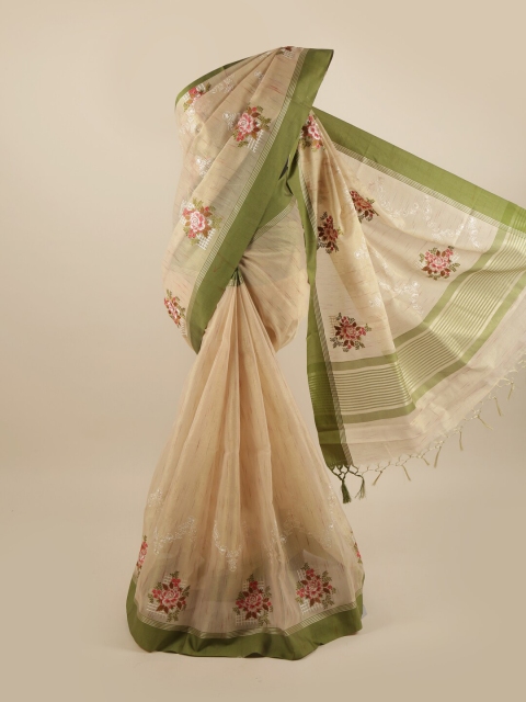 

Pothys Cream-Coloured & Green Floral Embroidered Saree