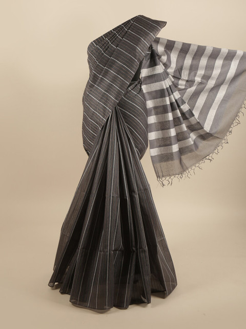 

Pothys Grey & White Striped Pure Silk Tussar Saree