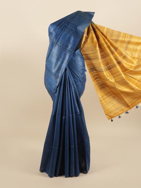 

Pothys Blue & Mustard Striped Pure Silk Tussar Saree