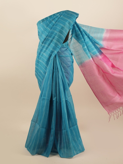 

Pothys Blue & Pink Striped Pure Silk Tussar Saree