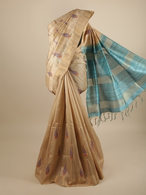

Pothys Beige & Turquoise Blue Ethnic Motifs Embroidered Art Silk Saree