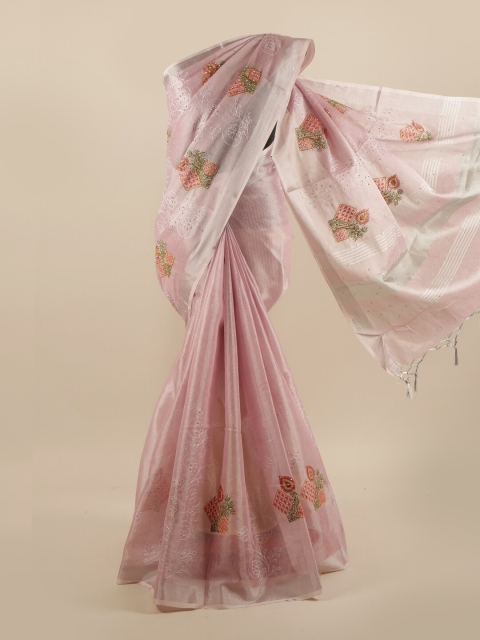 

Pothys Pink & Silver-Coloured Floral Embroidered Beads and Stones Saree