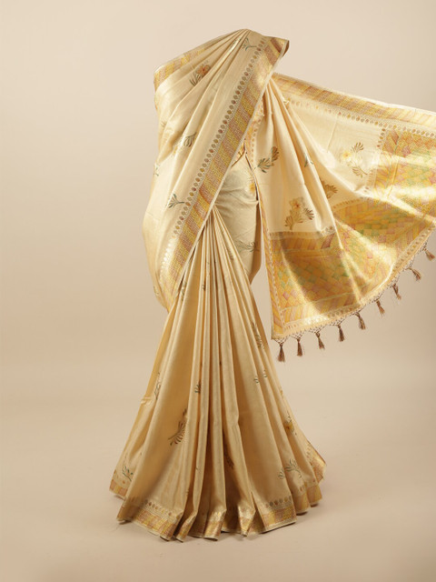 

Pothys Cream-Coloured & Gold-Coloured Ethnic Motifs Printed Art Silk Banarasi Saree