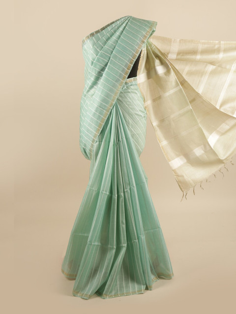 

Pothys Green & Cream-Coloured Striped Pure Silk Tussar Saree