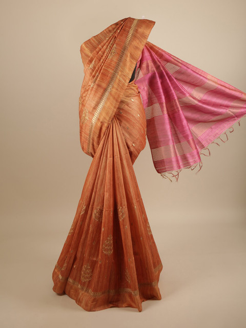 

Pothys Orange & Pink Ethnic Motifs Embroidered Art Silk Saree