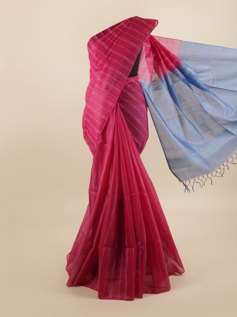 

Pothys Pink & Blue Striped Pure Silk Tussar Saree