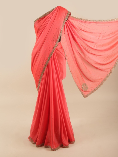

Pothys Peach-Coloured & Gold-Coloured Embellished Beads and Stones Saree