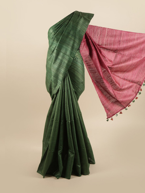 

Pothys Green & Pink Striped Pure Silk Tussar Saree
