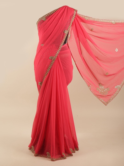 

Pothys Coral Pink & Gold-Coloured Embellished Beads and Stones Saree