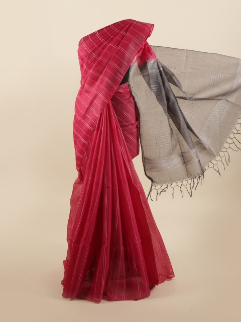 

Pothys Magenta & Grey Striped Pure Silk Tussar Saree