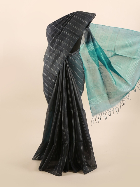 

Pothys Charcoal Grey & Turquoise Blue Striped Pure Silk Tussar Saree