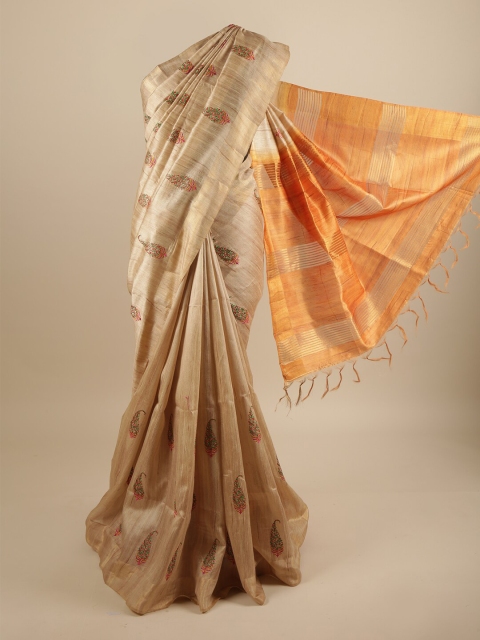 

Pothys Cream-Coloured & Orange Ethnic Motifs Embroidered Art Silk Saree