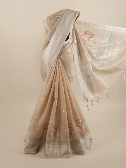 

Pothys Cream-Coloured & Silver-Coloured Ethnic Motifs Embroidered Saree