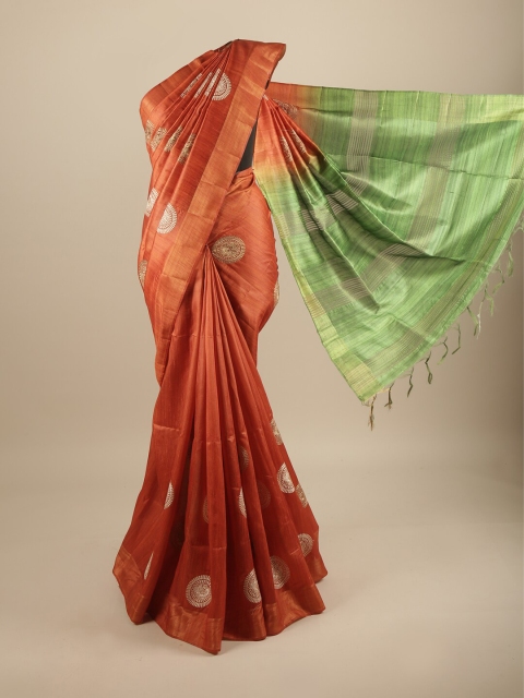 

Pothys Orange & Green Ethnic Motifs Embroidered Art Silk Saree