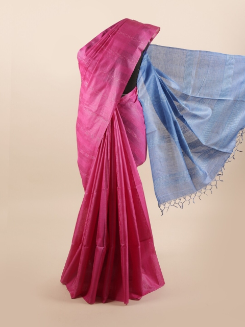 

Pothys Pink & Blue Striped Pure Silk Tussar Saree
