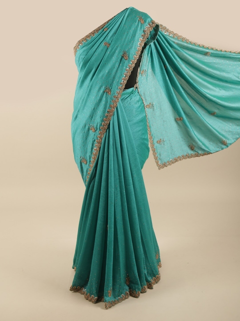 

Pothys Teal Blue & Gold-Coloured Embellished Beads and Stones Saree