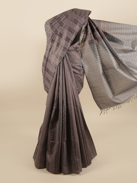 

Pothys Grey & Brown Striped Pure Silk Tussar Saree