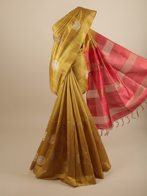 

Pothys Mustard Yellow & Magenta Ethnic Motifs Embroidered Art Silk Saree