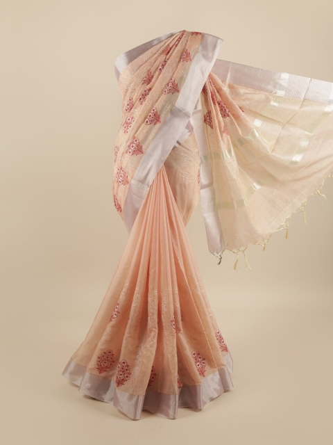 

Pothys Peach-Coloured & Maroon Floral Embroidered Saree
