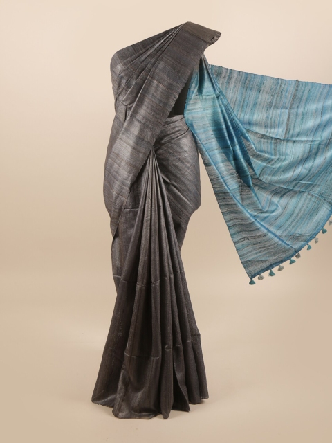 

Pothys Grey & Blue Striped Pure Silk Tussar Saree