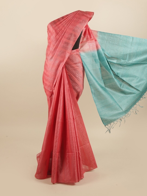 

Pothys Pink & Blue Striped Pure Silk Tussar Saree
