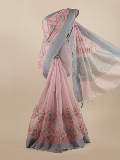 

Pothys Pink & Grey Floral Embroidered Saree