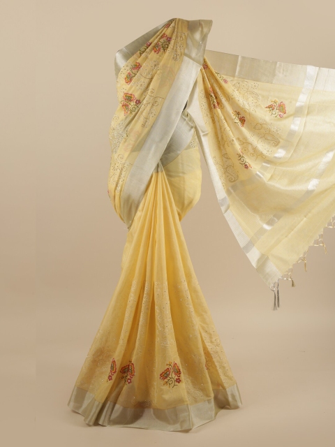 

Pothys Yellow & Red Floral Embroidered Beads and Stones Saree