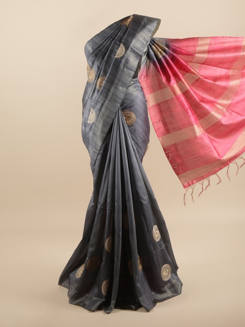 

Pothys Grey & Pink Ethnic Motifs Embroidered Art Silk Saree