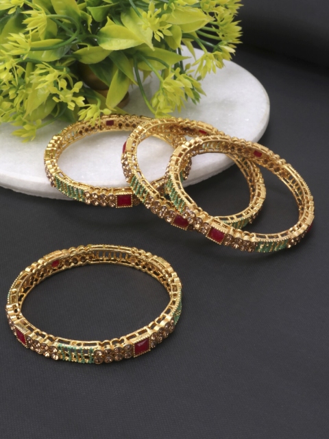 

JEWELS GEHNA Set-4 Gold-Plated Red & Beige Stone-Studded Handcrafted Bangles