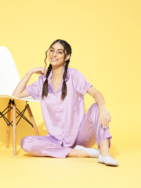 

Clovia Women Purple Printed Satin Night Suit Set