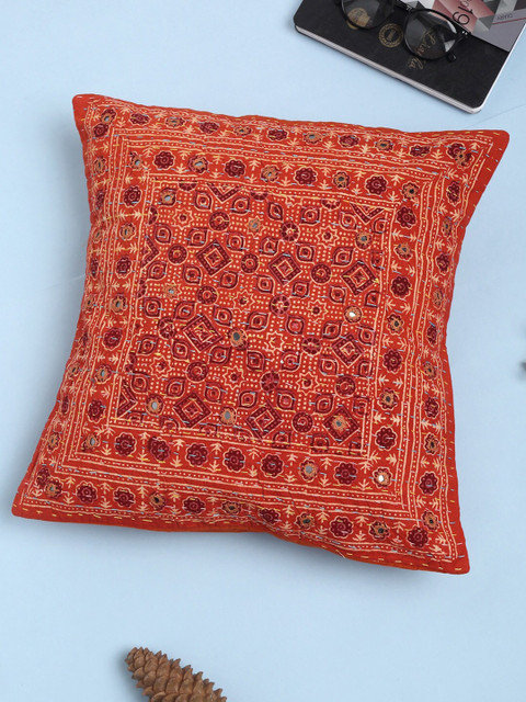 

Fabindia Rust & Maroon Geometric Mirror Work Cotton Square Cushion Cover