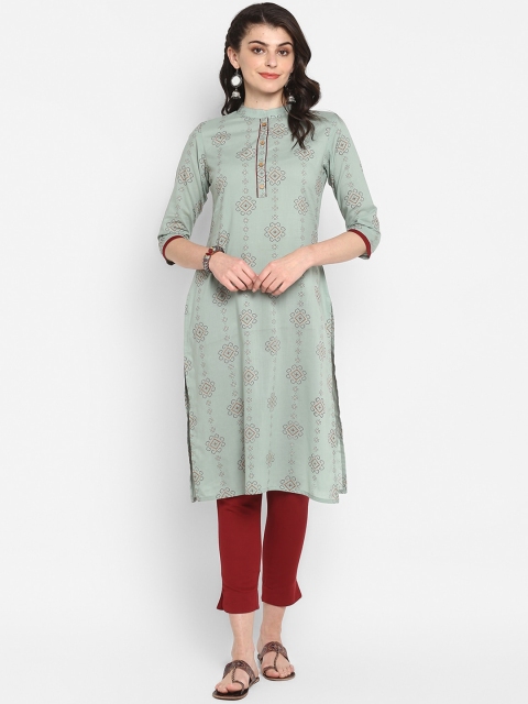 

Janasya Women Olive Green & Black Ethnic Motifs Printed Pure Cotton Straight Kurta