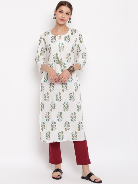 

Janasya Women Off White & Green Floral Printed Pure Cotton Straight Kurta