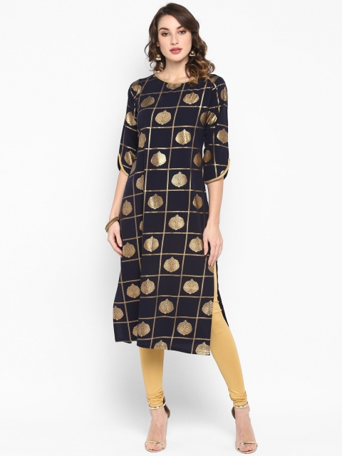 

Janasya Women Navy Blue & Gold-Toned Ethnic Motifs Printed Straight Kurta