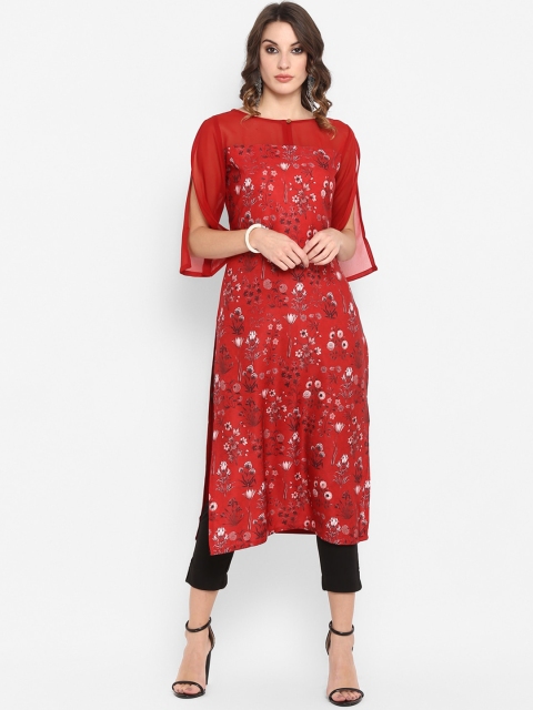 

Janasya Women Red Floral Printed Floral Straight Kurta