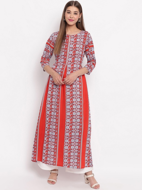 

Janasya Women Red & White Ethnic Motifs Printed Keyhole Neck Kurta