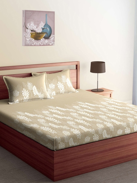 

SPACES Beige & White Floral 144 TC Pure Cotton Queen Bedsheet With 2 Pillow Covers