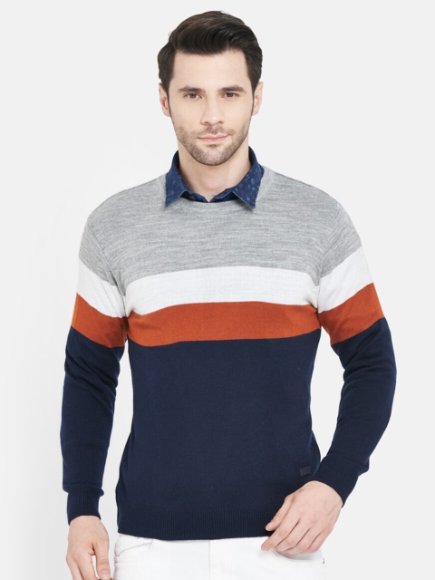 

Duke Men Grey Melange & Navy Blue Colourblocked Wool Pullover Sweater