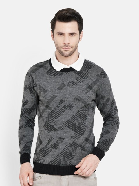 

Duke Men Grey & Black Printed Wool Pullover Sweater