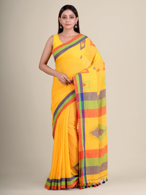 

Mitera Yellow & Purple Hand Woven Pure Cotton Saree